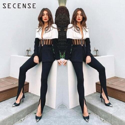 Elegant Office Lady Black White Long Sleeve Sexy Deep V Suits Blazer Hollow Out Bodycon 2 Pieces Set Evening Party Corset 2021