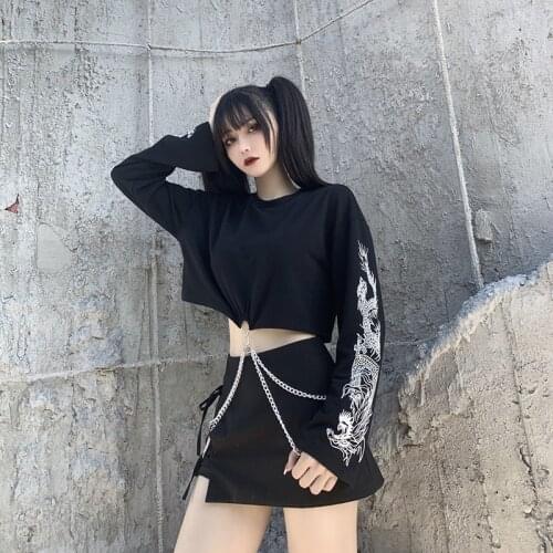 Black Vintage Crop Tops Women 2021 Dragon Print Harakuju Puffy Sleeve Top Japanese Streetwear HipHop Sweater Asian Clothes 11575