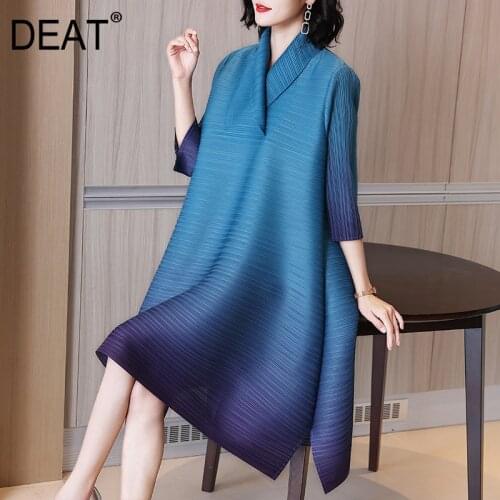 DEAT Woman Pleated Seven Sleeve Dress Purple Gradient Design Lapel Collar Over Size Casual Style 2021 New Autumn Fashion 15HT160