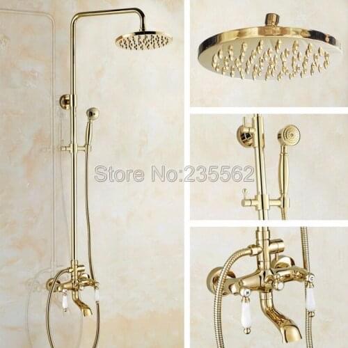 Golden Brass Bathroom Rain Shower System Hand Shower Head Tub Spout Set Dual Ceramic Handle Mixer Tap lgf362