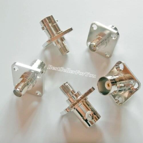 1Pcs BNC female to SMA Jack flange panel mount connector F/F RF Adapter Nickel 17.5*17.5mm