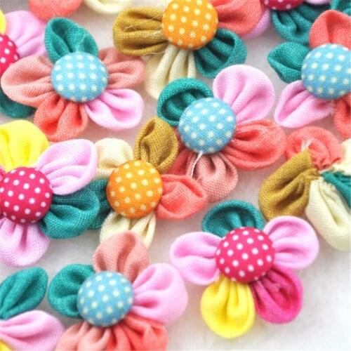 10 pcs Chiffon Ribbon Bows Flowers /Dot Button Appliques Doll Bulk Lots DIY Craft A291