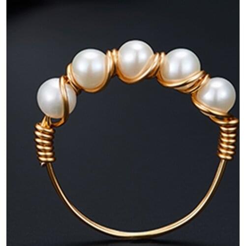 Free shipping hot sell 2020 new korean style five beads natural white genuine pearl handmade lady ring wedding gift bridal girl