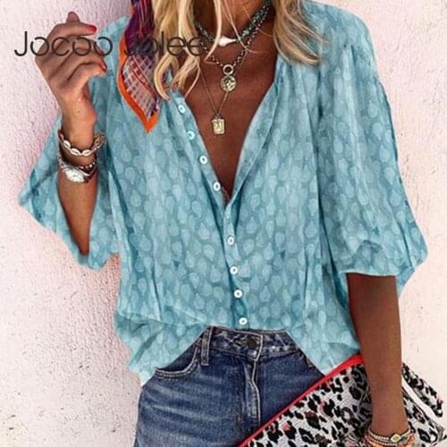 Jocoo Jolee Women Puff Sleeve Polka Dot Loose Blouses Elegant V Neck Shirt Plus Size 5XL Tops Casual Tunic Women Clothing