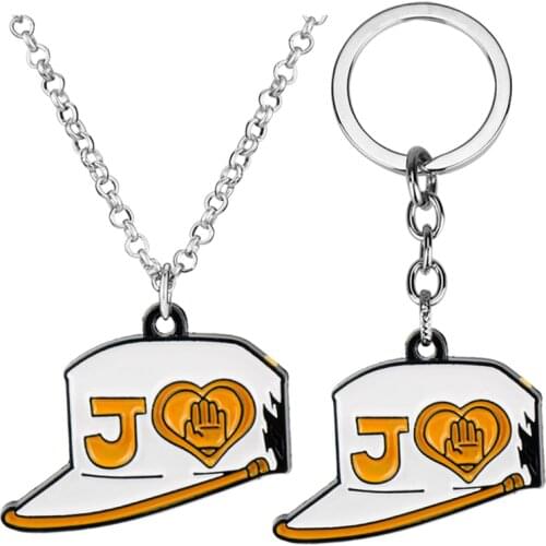 JOJOS BIZARRE ADVENTURE Keychain Necklaces Metal Kujou Jotarou Student Hat DIO Caps Keyring Rope Chain Pendant Anime Jewelry