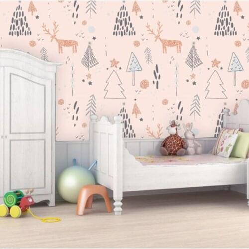 Tuya Art light pink elk and tree line-drawing wallpaper wall decoration for children room wallpaper for bedroom