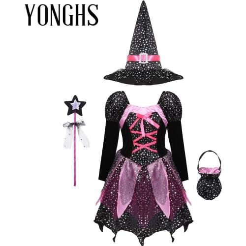 Kids Girls Halloween Witch Cosplay Costume Roleplay Outfit Sparkly Silver Star Printed Dress with Pointed Hat Wand Candy Bag Set