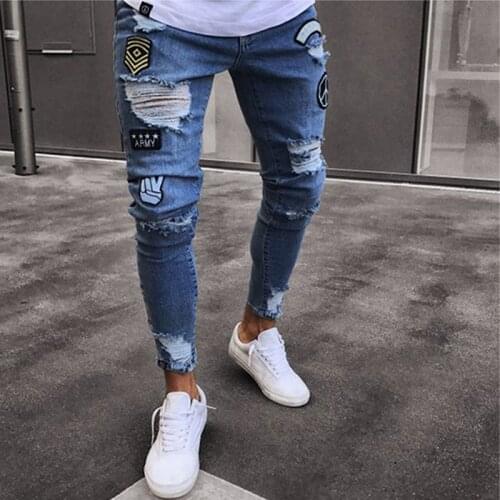 Cartoon Men Stretchy Skinny Biker Slim Fit Denim Men Broken Hole Multi-pocket zipper pencil Pants men casual jeans fashion Casua