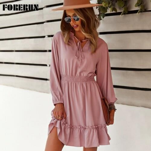 FORERUN Long Sleeve Dress Women Solid Lace Up V Neck Ruffle Midi Dresses Elegant Slim Waist Fall Winter Robe Femme