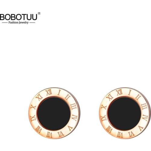 BOBOTUU Classic Roman Numeral White Black Shell Stud Earrings For Women Titanium Steel Female Earrings Jewelry Brincos BE18002