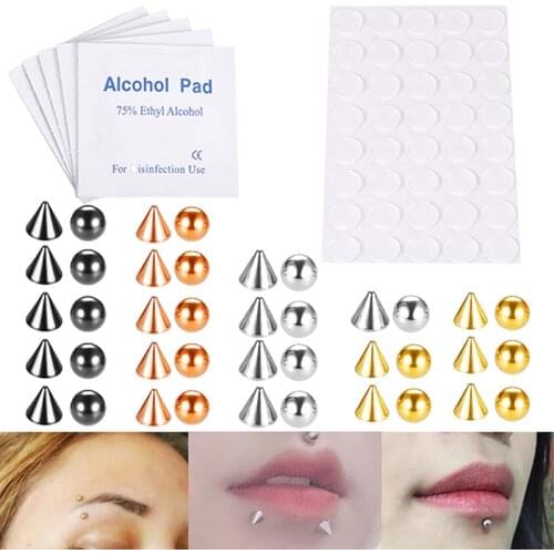 Fake Lip Ring Stud Fake Nose Ring Eyebow Ring Dimple Sticker Face Piercing Body Jewelry Stainless Steel 20Pcs Ball