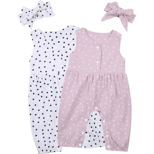 0-24M Infant Sleeveless Jumpsuit + Bow Headband, Polka Dot Print Summer Clothing (White/Pink)