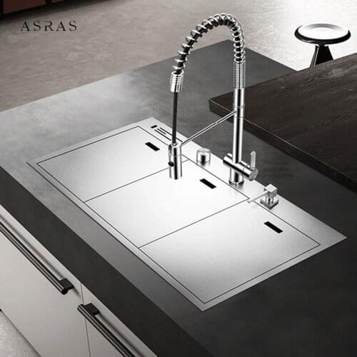 304 Stainless Steel Cloaking Kitchen Sink 4mm Thickness Handmade Brushed Three Cover Hidden Large Size Above Mount Double Sinks