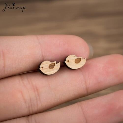 Jisensp Cute Bird Wooden Earrings for Women Small Sparrow Stud Earrings Female Ladies Fashion Jewelry Birthday Gift