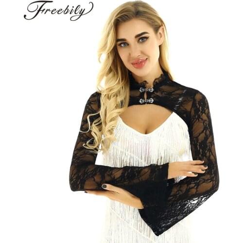 Fashion Women Sexy Tops Shrug Long Flared Sleeves See Through Sheer Lace Short T-Shirt Nightclub Rave Dance Sexy Crop Tops