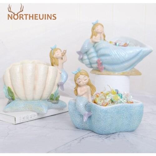 NORTHEUINS Resin Mermaid Conch Sea Star Shell Storage Figurines Nordic Creative Flower Pot Home Living Room Decor For Interior