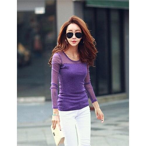 2019 Spring New Bright Silk Stitching Mesh Solid Color Bottoming Shirt Women Long-sleeved T-shirt Slim Wild Womens Clothing