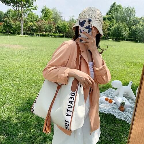 PURFAY Capacity Canvas Women Shoulder Bag Cotton Tote Shopper Bag Tassels Reusable Fashion Cloth Messenger Bag