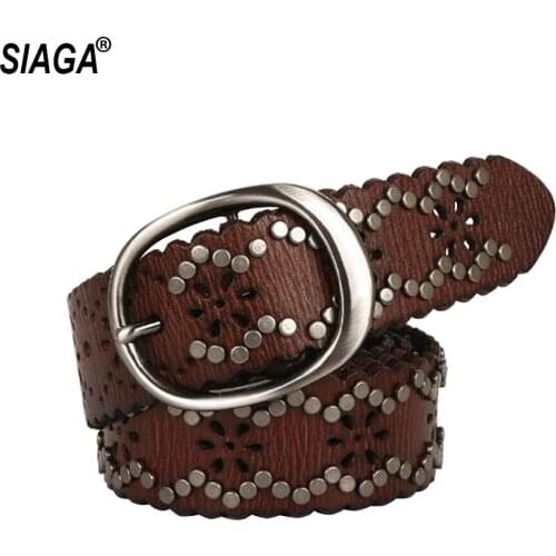 New Style Ladies Punk Rivet Personalized Belt Top Layer Cowhide Leather Hollowed Belt Women Accessories 3.8cm Width SA006