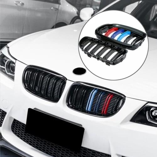 A Pair For BMW E90 E91 Gloss Black M-Color Car Front Grille Grilles With Double Line 2009 2010 2011 2012 Auto Accessories