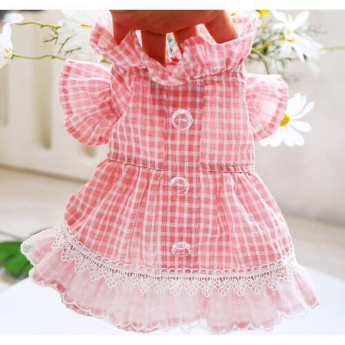 Dog Skirt Pet Dogs Cat Clothes Spring Summer Pink Plaid Breathable Lace Princess Skirt Poodle Crystal Button Puppy Clothing