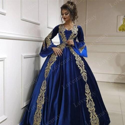 Blue Velvet Caftan Muslim Evening Dresses 2021 Long Sleeves Appliques Evening Gowns Arabic Elegant вечернее платье Prom Gowns