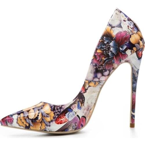 Woman High Heels Flower Printed Dress Heels Wedding 12 CM High Heels Shoes Pointed Toe Classic 8CM Sexy Pumps Shoes Women