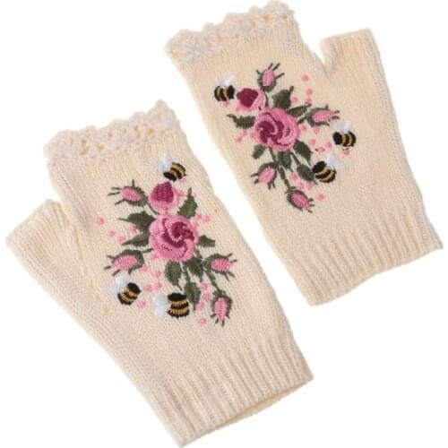 Women Winter Knitted Fingerless Gloves Floral Bee Embroidery Thumbhole Mittens H9ED