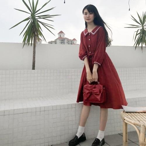 Bella 2021 Spring Summer Women Vintage Princess Lolita Dress Student Sailor Collar Preppy Style Girls Cute Waist Bandage Dresses