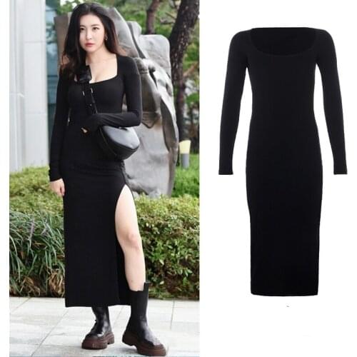 Kpop Korean Celebrity Summer New Vintage Long Sleeve Black Dress Women Nightclub Sexy Split Solid Slim Lady Ankle Length Dresses