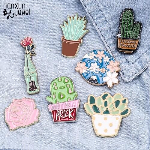 16 Styles Green Plants Brooch Rose Cherry blossoms Cactus Enamel Pins bag Collar Hat lapel pin Women Kids Decoration Badges