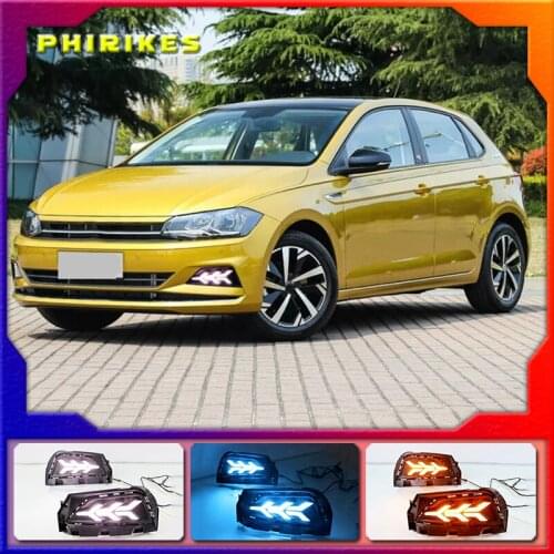 2PCS Car DRL For Volkswagen Polo 2019 2020 LED Daytime Running Light Fog Lamp Sequential Yellow Turn Signal Function