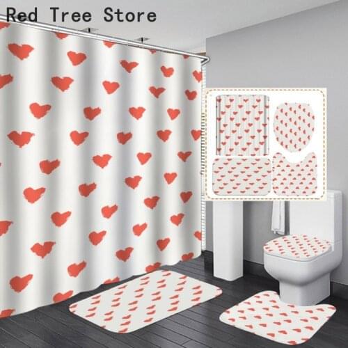 4pcs Shower Curtain Mat Set Cartoon Heart 3D Print Design Easily Hanging Curtains Toilet Lid Cover Floor Carpet U Shape Pedestal