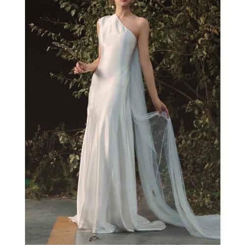 4243 # Sheath One-Shoulder Sleeveless Sexy Destination Soft Satin Backless Sweep Train Bohemian Bride Dress Wedding Gown