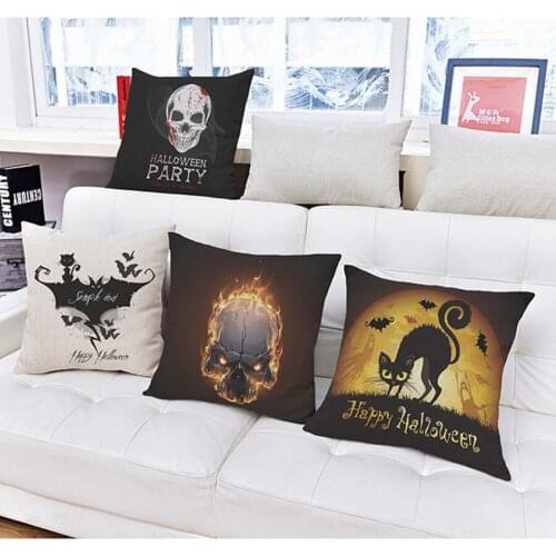 Halloween Black Skull Cushion Terror Festival Halloween Decoration Cotton Linen Car Sofa Pillowcase Holiday Gifts 45x45cm