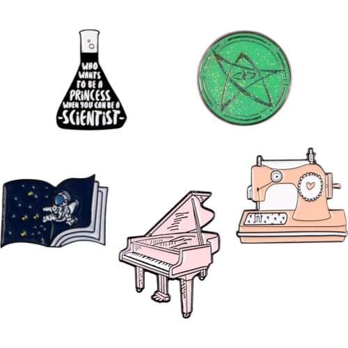 Vintage machine enamel pin Pink piano Sewing machine brooch badge Scientific flask Space astronaut book lapel pin jewelry gfit