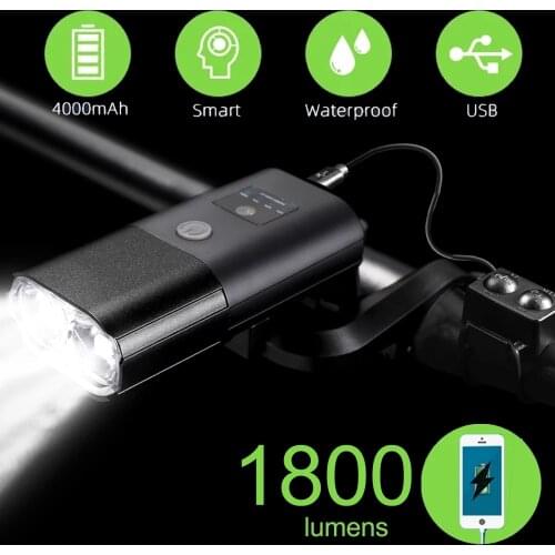 4000mAh Smart Bicycle Front Light Set USB Chargeable 1800 Lumens Headlight with Horn Waterproof Cycling Flashlight as Power Bank