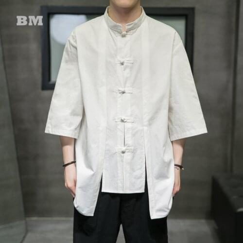 Chinese Style Linen Shirt Men Clothing Retro Plus Size Tang Suit Summer Short Sleeve Shirt Fake Two-Piece Buckle Hanfu Male