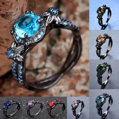 Luxury Female Rainbow Crystal Stone Ring Charm 14KT Black Gold Flower Wedding Rings For Women Cute Round Zircon Engagement Ring