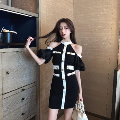 Korean Off-shoulder Lantern Sleeves Sexy Strapless Slim Waist Short dress 2021 Summer Womens New slim dress trend