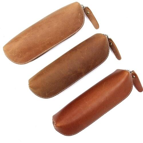 Crazy Horse Leather Glasses bag Leather Zipper Pen Case Pencil Bag Large Capacity Vintage A0012