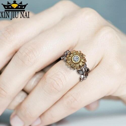 Stone Fashion Jewelry Femme Silver Cute Sunflower Crystal Wedding Rings For Women Female Finger 4k Gold Cubic Zirconia Ring