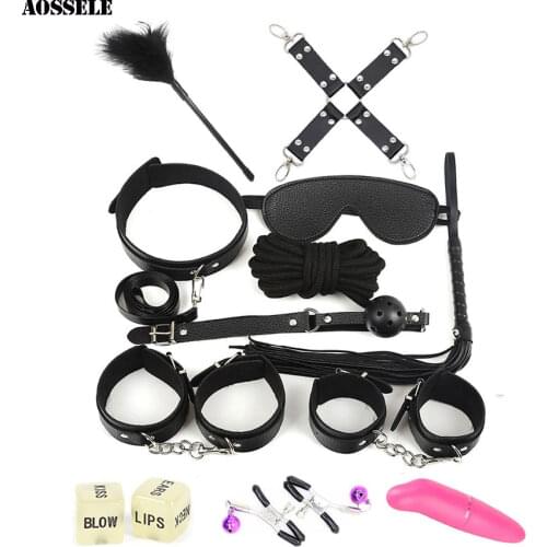 12PCS BDSM Sex Bondage Set HandCuffs Collars Whip Rope Sex Toys For Couples Women Gay Nipple Clamps Vibrator Anal Butt Plug Tail