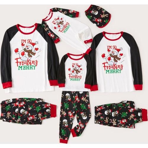 PatPat Christmas Snowman and Letters Print Black Family Matching Long-sleeve Pajamas Sets (Flame Resistant)