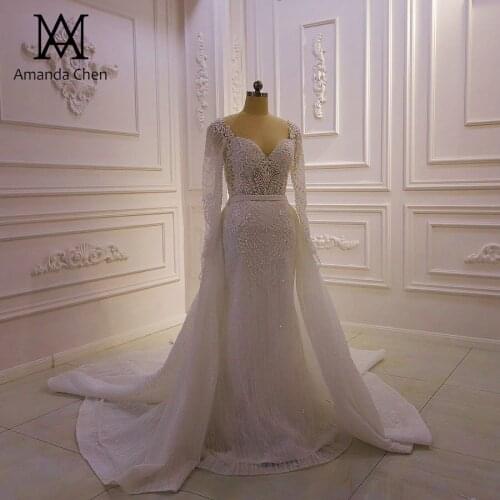 Robe de mariee Long Sleeve Detachable Train See Through Wedding Dress