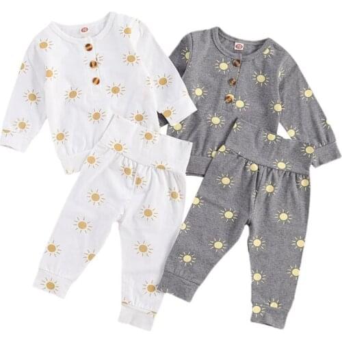 Pudcoco 2 Piece Newborn Baby Girls Boy Top Pants Suit Infant Little Sun Full Print Long Sleeve T-Shirt + Trousers Casual Outfits