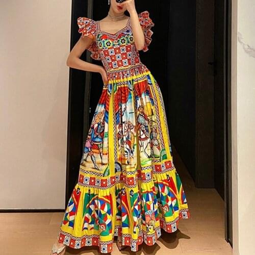 Qian Han Zi fashion long 100% cotton dress Flying sleeve vintage Rome Pattern printing High elegant Vacation Maxi Dress Women