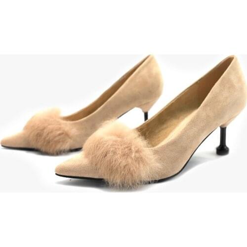 2020 Spring Fashion Rabbit Fur Suede Thin Heeled High Heel Sexy Pointed Shoes Ladies Kitten Heel Shoes