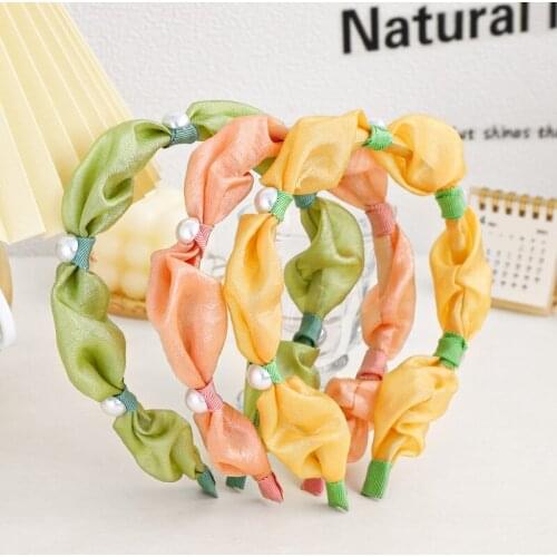 Solid Color Glitter Silk Hairbands for Women Knot Pearl Headabnds Vintage Candy Head Hoop Elegant Crown Headwear Accessories