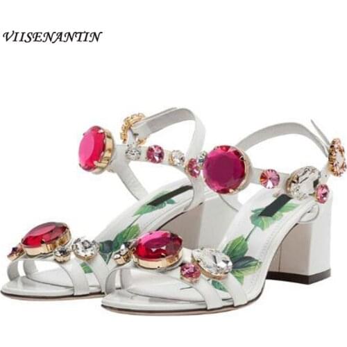 2021 catwalk color diamonds gemstone thick heel women sandals summer rose flower sheepskin print high heel sandals